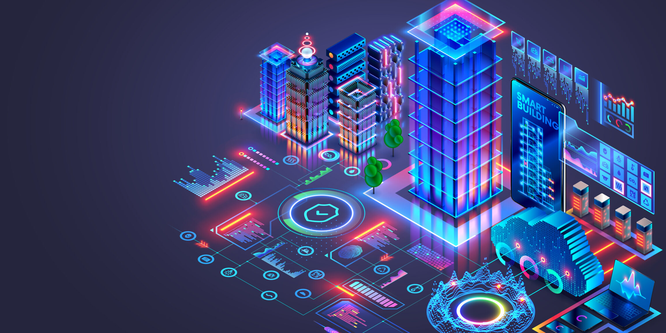 Development architecture AI computer systems of smart building. Smart house system programming software. Engineering development of building construction, communication, electricity with AI controls.