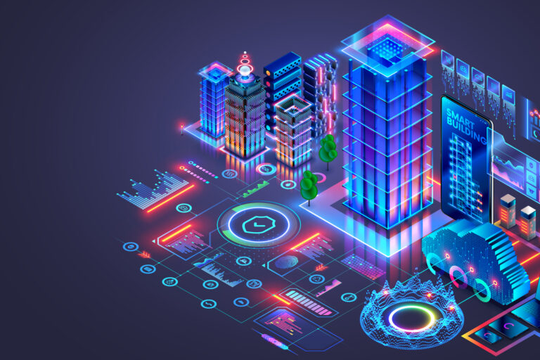 Development architecture AI computer systems of smart building. Smart house system programming software. Engineering development of building construction, communication, electricity with AI controls.